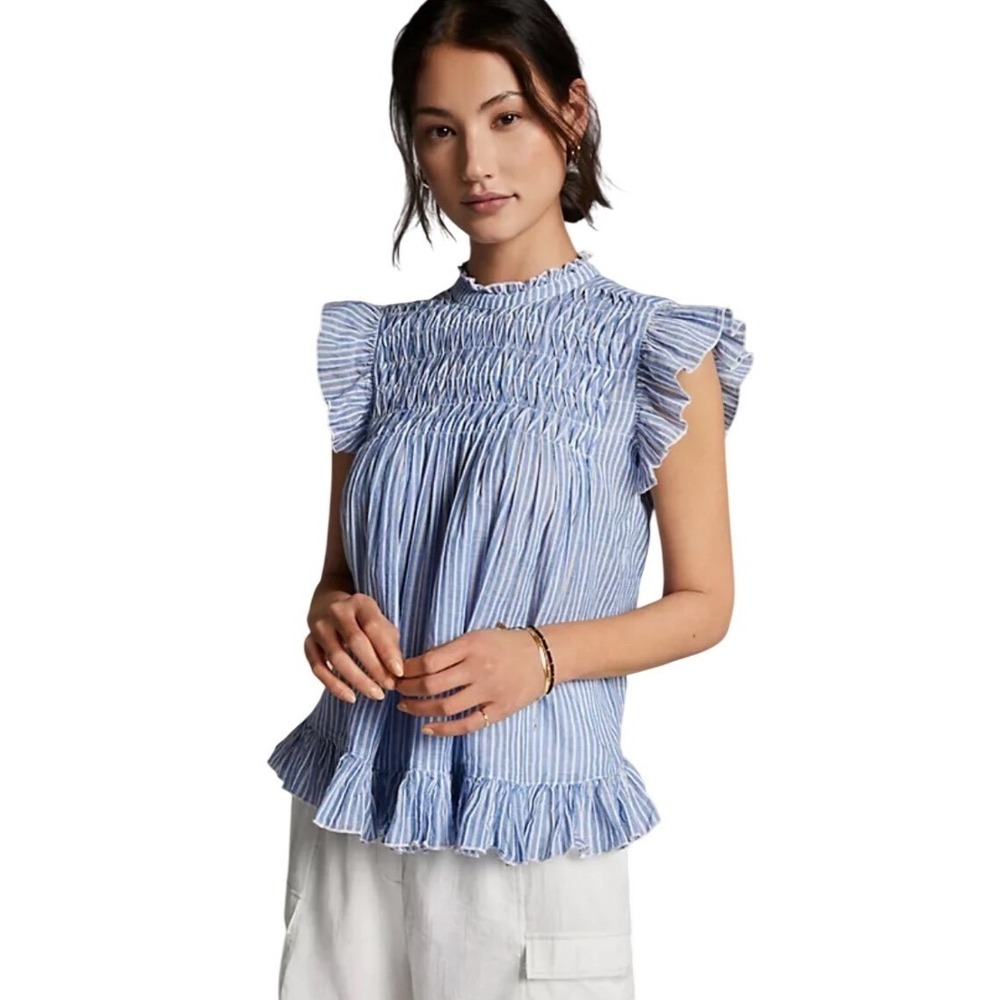 Anthropologie Uli Ruffled Blouse Size L Blue Excellent Striped Smocked